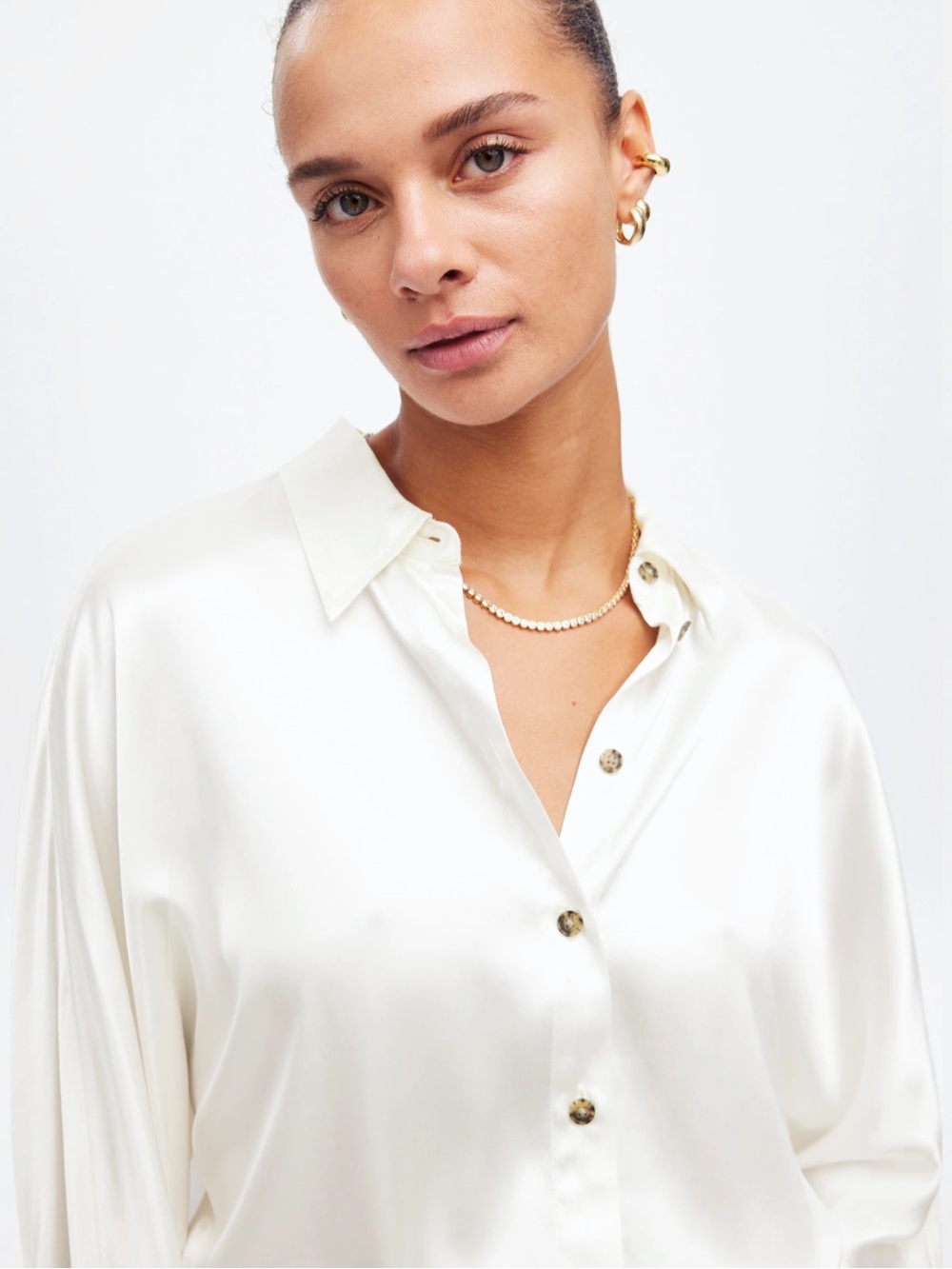 Madewell Relaxed Dolman Button-Up Shirt in Winter White Satin